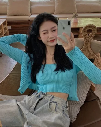 Korean Style Two Piece Set Cardigan Women Sexy Autumn Candy Color Long Sleeve Ribbed Knitted Cropped Sweater and Matching Vest