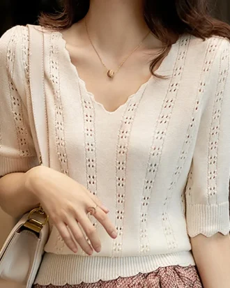 Blouses Top Femme Short Sleeve Knit Blouse Women Blusas Mujer De Moda 2025 Hollow Out V-neck Knitted Blouse Shirt Pullover E822