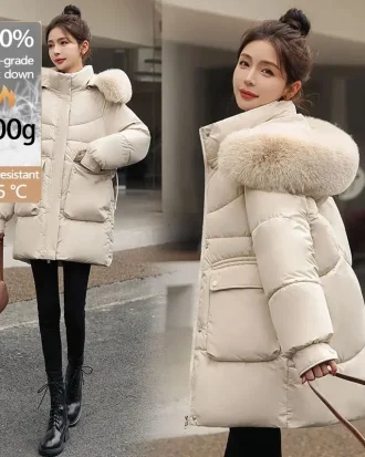 Women's Winter Coats Free Shipping White Duck Down Intensification Loose Woman Winter Coat MIDI Style Large Fur Collar Jackets