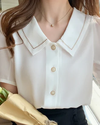 Blusas Blouses Femme Tops Women Turn Down Collar Shirt Women 2025 Summer White Blouse Short Sleeve Chiffon Blouse Shirt E778