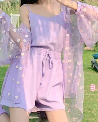 Women 3 Piece Sets Summer Sweet Girls Set Soft Sun-proof Floral Ins Outwear Chic Lady Sexy Crop Top High Waist Drawstring Shorts