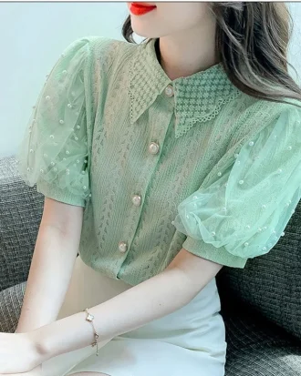 Fashion Lapel Beading Puff Sleeve Lace Oversized Shirt 2025 Summer New New Sweet Tops Loose Chic Female Clothing Commute Blouse