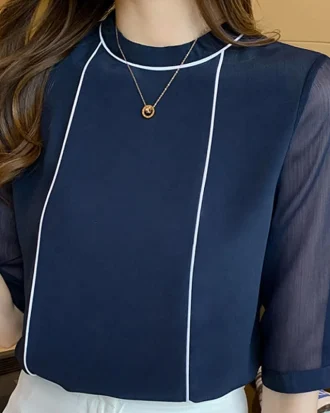 Summer Women Shirt O-neck Blue Chiffon Blouse Shirt Tops Women Short Sleeve Blouse Women Blusas Mujer De Moda 2025 Blouses F97