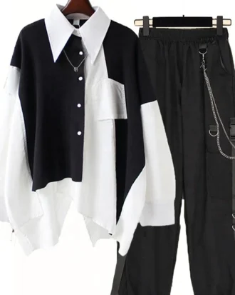 New Women Streetwear Two-piece Suit Splice Chain Long Sleeve+ribbon Chain Pants Harajuku Cargo Pants 2 Piece Sets Womens Outfits