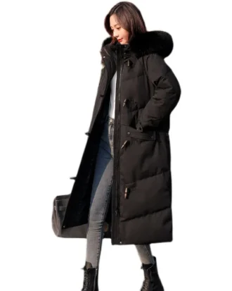 Hot Fur Collar Hooded Coat 2025 Winter Women Down Jackets Lady Street Fashion Slim Warm Clothes 90 White Duck Down Long Overcoat