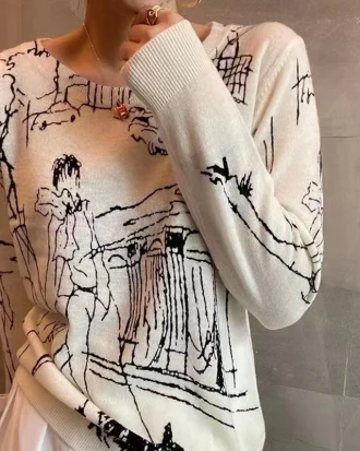 Fine Imitation Wool Knitted T-shirt Women's Short-sleeved Top Graffiti Digital Jacquard Pullover Ladies Sweater 22 Summer Trendy