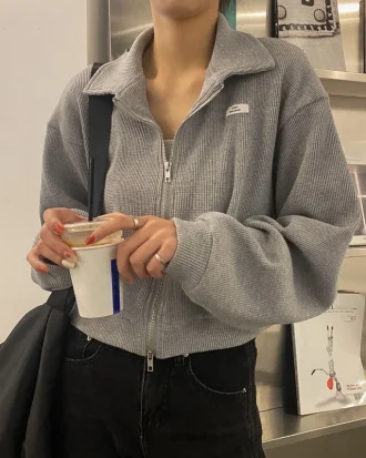 Cropped Jackets Women Zipper Chic Streetwear Solid Loose Hot Girls College Feminine Coats Harajuku Basic Ins Students