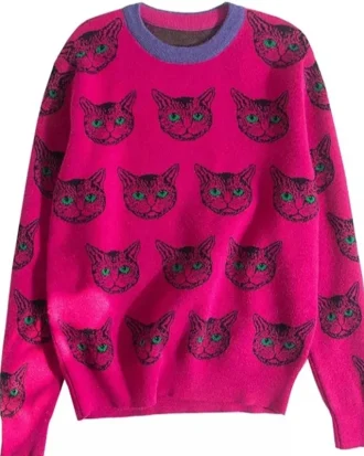 High Quality Runway Designer Cat Print Knitted Sweaters Pullovers Women Autumn Winter Long Sleeve Harajuku Sweet Jumper C-054