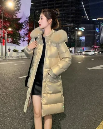 Women's Wash-Free White Duck Down Jacket, Large Fur Collar, Mid-Length Hooded Warm Coats, Female, New Fashion, Winter 2025