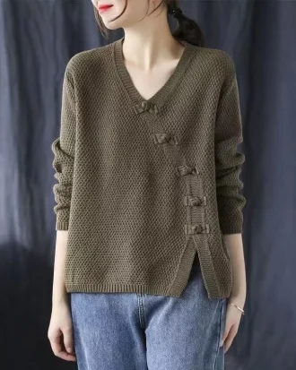 Autumn Winter Literary Vintage Buttons V-neck Sweater Ladies Loose Casual Knitting Pullover Top Women All-match Jumper Outwear