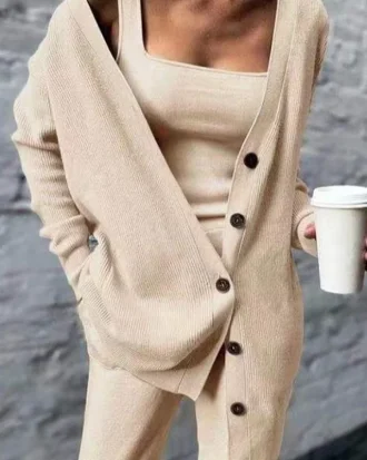 2025 Autumn Solid Rib Knitted 3 Piece Sets Women Elegant Strapless Top and Long Pants Suit Single Breasted Long Cardigan Outfits