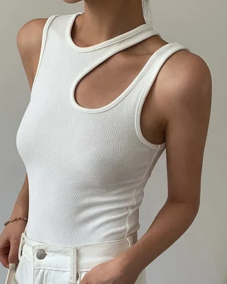 Casual White Cut Out Women's T Shirt Round Neck Sleeveless Korean Slim T Shirts Female Clothing 2025 Summer Fashion