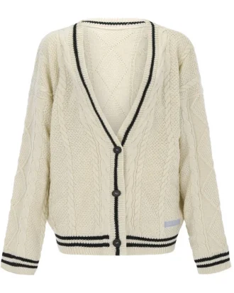 Autumn 2025 Women Beige V-neck Star Embroidery Cardigan Casual Loose Sweater Fashion Temperament Knitted Jacket Y2k Streetwear