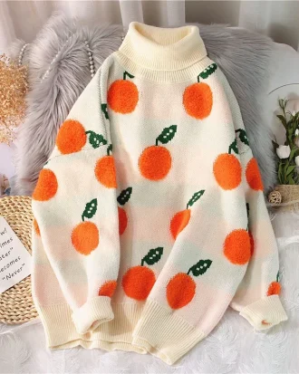 2025 Autumn Winter Sweaters Pullover Cherry Pattern Long Sleeve Sweater Women Turtleneck Knitted Jumpers Sweater Mujer