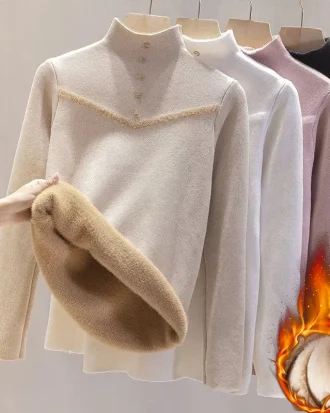 Women Winter Mock Neck Plush Lined Sweater Casual Thicken Warm Knit Tops Korean Slim Pullover Soft Plus Velvet Knitwear Jumper