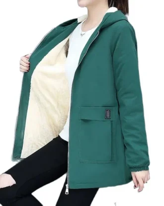 4XL Women Windbreaker 2025 New Autumn Women's Fleece Jacket Coats Loose Hooded Mid Long Overcoat Zipper Pocket Female Basic Coat