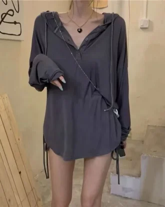 Elegant Drawstring Solid T-shirt Spring Autumn 2025 New Streetwear Long Sleeve Hooded V-Neck Loose Pullover Top Women's Clothing