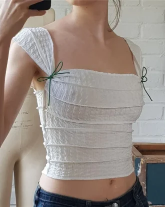 Y2k Folds Bow Crop Top Cute Square Collar Short Sleeve T Shirt Retro Harajuku Basic French Tee Women Elegant Chic Tops