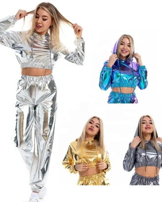 Women's Bright Leather Sexy Leak Navel Long-sleeved Hooded Pullover Short Jacket Color-blocking Trousers Ladies Stitching Pants