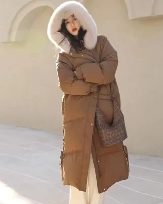 Women's Winter Down Jacket 2025 New Hooded Large Fur Collar Long Over the Knee Thick Loose Design Feeling White Duck Down Coat