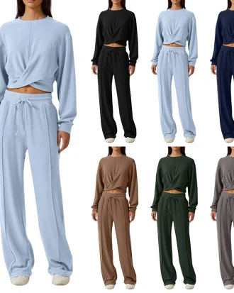 Women Two Piece Outfits Sweatsuit Set Casual Long Sleeve Twist Front Cropped Sweatshirt Wide Leg Sweat Pants