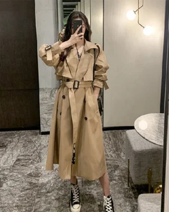 Womens Autumn Classic Double Breasted Long Trench Jacket With Belt Female Solid Color Lapels Windbreaker Winter Coat for Women