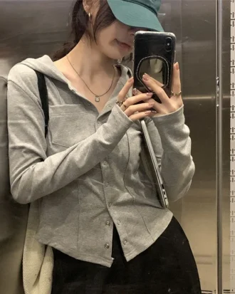 2025 Shirts for Women Y2k Clothing Fashion Hooded Woman Slim Tshirts Tunic Long Sleeve Cardigan Tops Mujer Korean Casual T-shirt