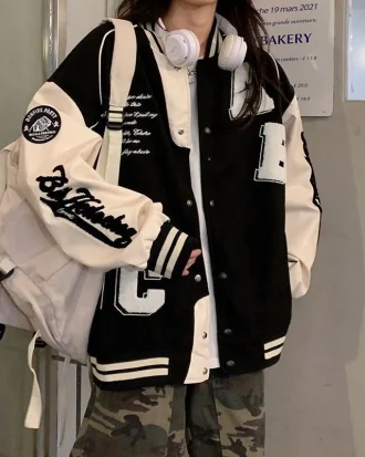 Deeptown Vintage Bomber Jacket Women Harajuku Fashion College Uniform Varsity Baseball Jackets Female Oversized Streetwear Y2k
