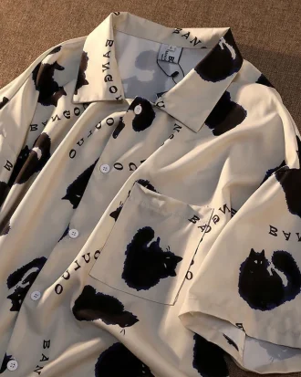 Cat Graffiti Shirt Street Style Crop Top Women Summer Women's Shirts 2023hort Sleeve Cool Blouse Korea Shirt for Women