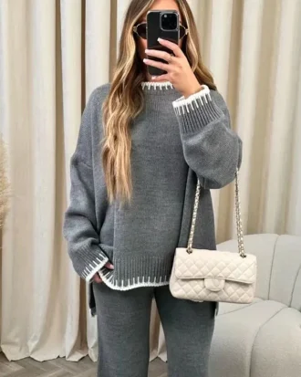 Women Wide Leg Pant Sets Two Piece Sets Round Neck Sweaters Knit Long Sleeve Casual Loose Solid Pullovers Elegant Pants