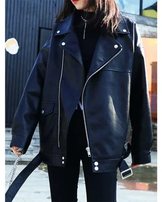 Korean Faux Leather Jacket Women Belt Oversize BF Style Punk PU Women's Leather Jacket Streetwear High Street Biker Coat
