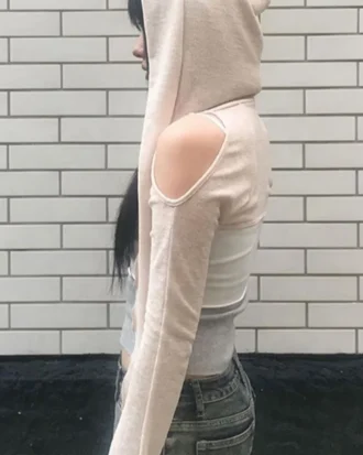 2025 Long Sleeve Hooded T-shirts Off Shoulder Sexy Harajuku Tshirts Women Y2k Aesthetic Grunge Streetwear Crop Top Thin Cardigan