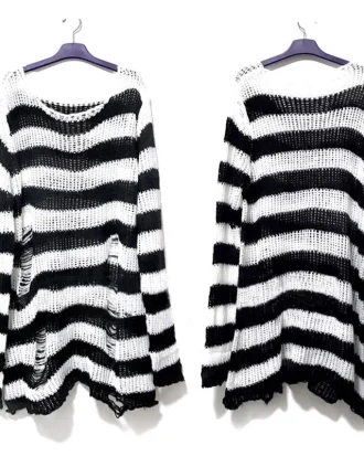 New Punk Gothic Long Unisex Sweater Summer Women Striped Cool Hollow Out Hole Broken Jumper Loose Rock Thin Dark Streetwear Top