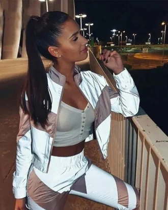 Fashion Reflective Tracksuit Women Zipper Crop Tops + Long Pants 2 Piece Set Female Sets Clothes Jacket Trousers S-XXL