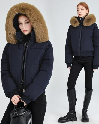 2025 High-waist Short Cotton-padded Jacket Women's Parkas Autumn Winter Thicken Hooded Outerwear Streetwear Big-Fur-collar Coats