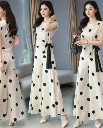 Women's Fashion Chiffon Sport Suit 2025 Summer New Polka Dot Wide Leg Pants Crop Top Two Piece Set for Women Plus Size Clothing