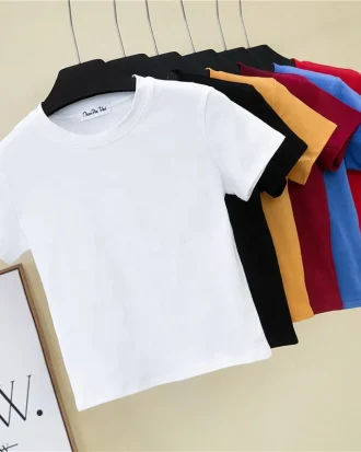 Green Crop Top T-Shirt Female Solid Cotton O-Neck Short Sleeve T-shirts for Women High Waist Slim Short Sport Femme T-Shirt