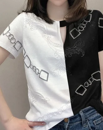 2025 Summer Fashion Casual Cotton Round Neck Patchwork Hollow Simple T-shirt Diamonds Short Sleeve Loose Tshirt Tees Top Women