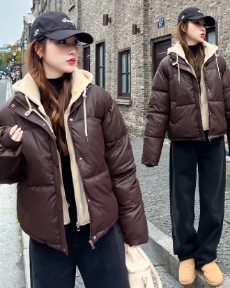 Women Fake Two Piece Cotton Jacket No Wash Winter Parkas PU Down Cotton Jacket Short Thick Hooded Bread Coat Female Outerwear