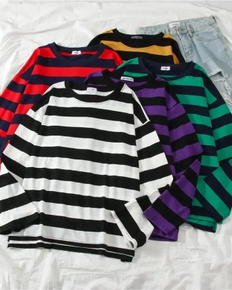 5 Colors Women Purple-striped Tops Slim Fit T Shirt Harajuku Tshirt Summer Long Sleeve Korean Feminina Oversized T Shirt