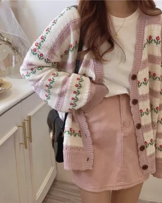 Cardigans Women Japanese Print Spring Autumn Hollow Out Design Sense Niche Sweet Cool Lazy Loose Korean Knit Sweater