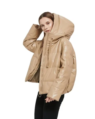 Ready to Ship Women Fashion Thick Warm Faux Leather Padded Jackets Coat Vintage Long Sleeve Oversized Parka Female Outerwear