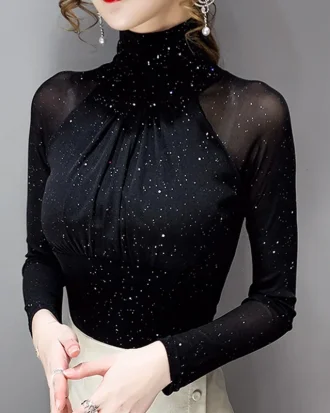 Korean Fashion Women Mesh Top Quanzhou Zichen High Neck Sexy Black Bottoming T Shirt Casual Bright Silk Lady Shirt Blusa