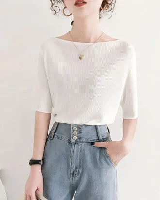 Ice Silk Knitted Top Summer Women's Fashion Slash Neck Short Sleeve T-shirt Loose Korean Bottoming Shirts Off Shoulder Y2k Tops
