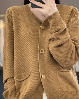 Linen Cardigan Sweater Women V-neck Long Sleeve Top Korean Style New in Outerwears Mujer Knitwear Pockets Designer Spring Clothe