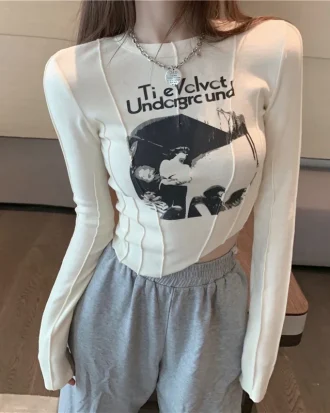 Casual Slim T-shirt for Women O Neck Long Sleeve Sexy Crop Top Grunge Letters Print Female Korean Fashion Clothing 2025