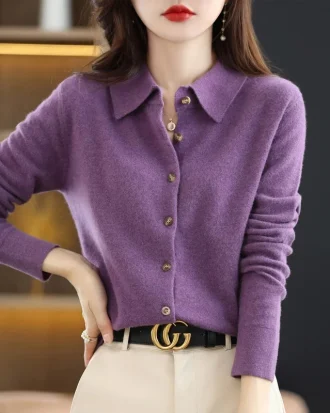 Women's Wool Knit Cardigan Jacket Loose Polo Collar Sweater Outer Solid Color Button Knit Shirt Pullover French 2025 New Spring