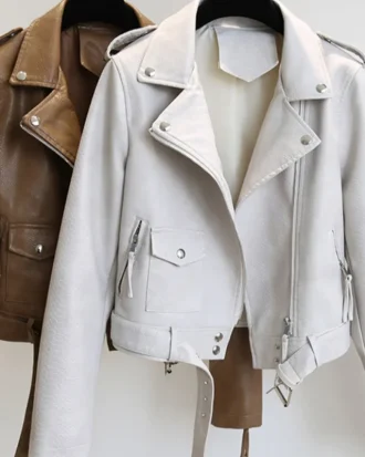 Spring Autumn Women Faux Leather Jacket Slim Streetwear Khaki Leather Coat Biker Moto Jacket With Belt Female Outerwear