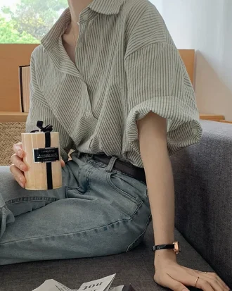 Elegant and Youth Woman Blouses Women's Clothing Spring 2025 Green Vertical Stripe Shirt Short Sleeve Chiffon Blouse Woman