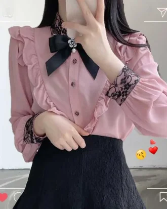Women's Ruffles Cute Bow Tie Tops Preppy Style Vintage Japanese Korea Design Button Elegant Formal White Pink Shirts Blouses